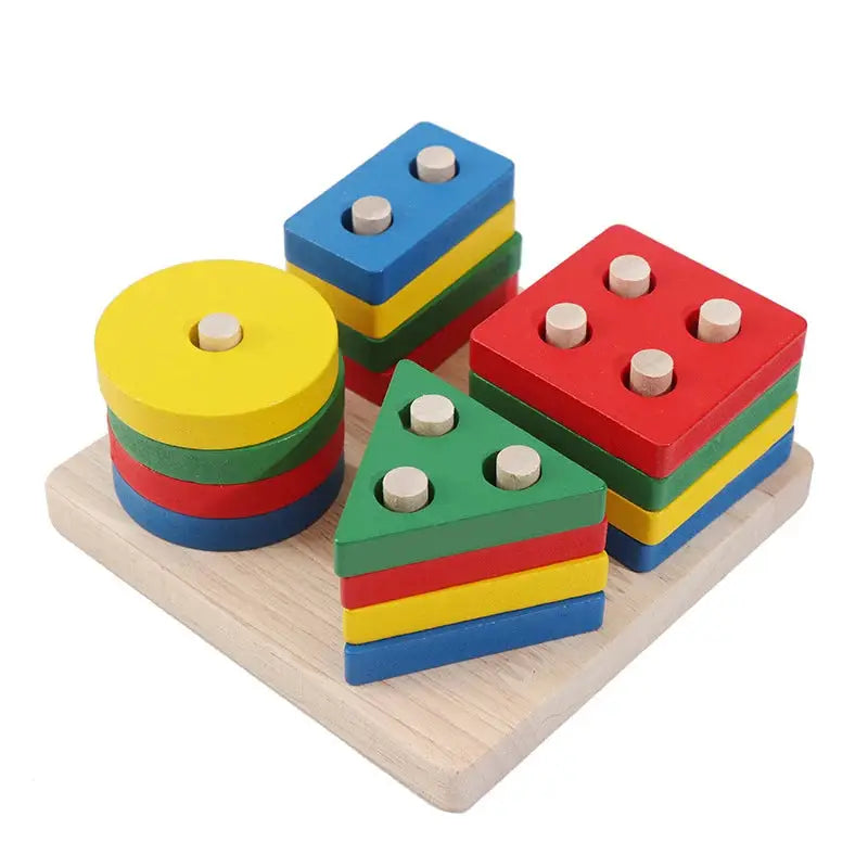 Stackable geometric shapes on wooden base.