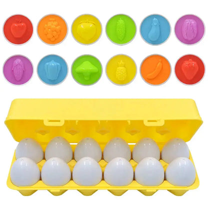 Fruit-themed matching eggs in yellow carton