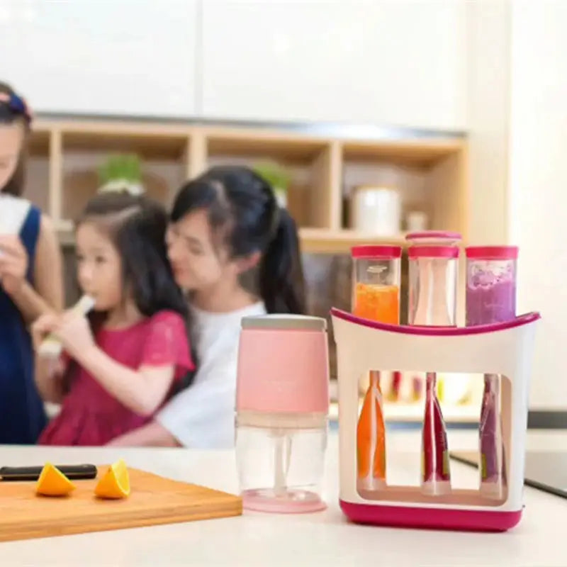 Family using baby food squeeze station