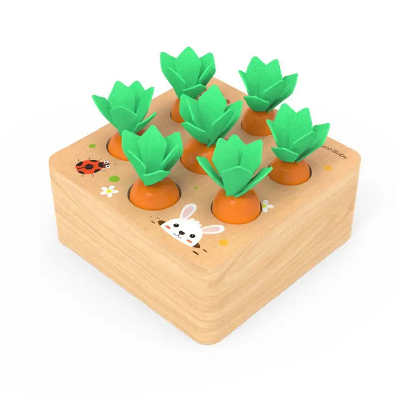 Wooden toy with carrot shapes and animal illustrations.