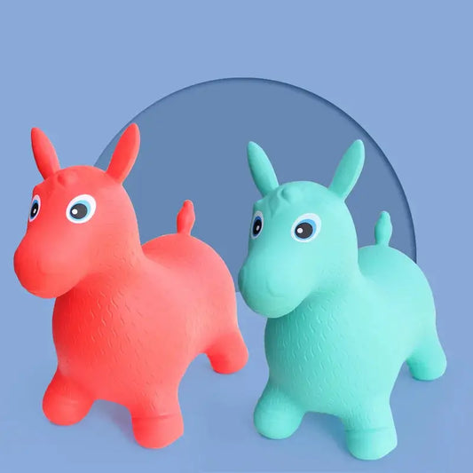 Red and teal inflatable bouncy horse toys