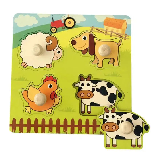 Farm-themed shape sorter puzzle with animal pieces