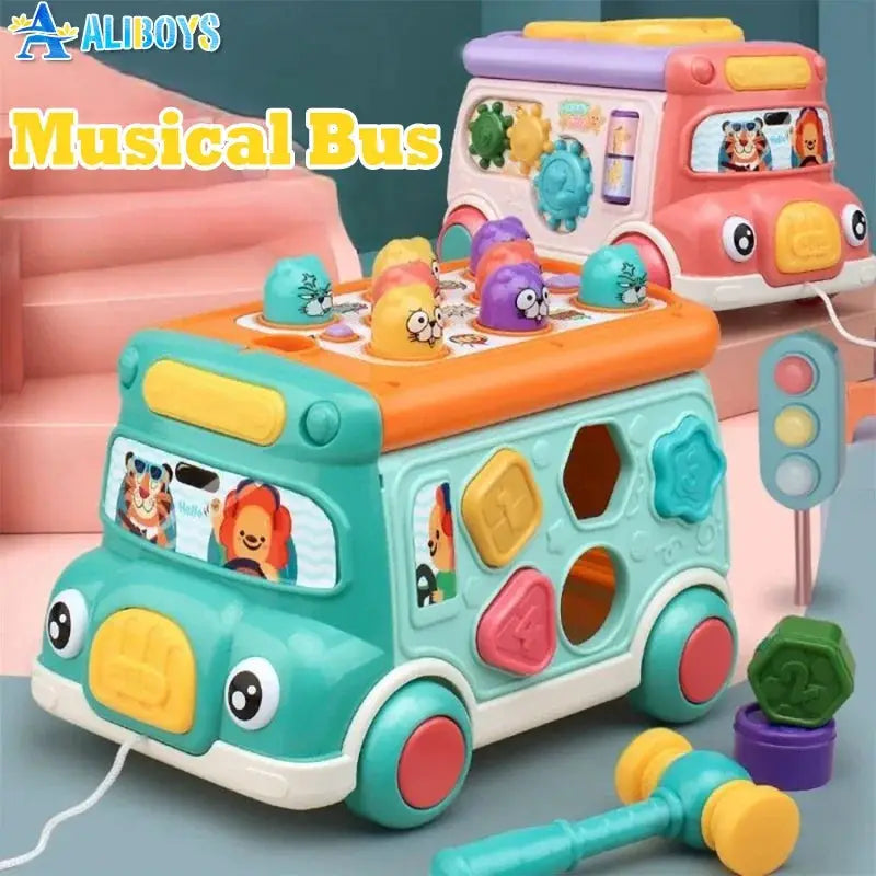 Colorful musical bus toy with shape sorter and mallet