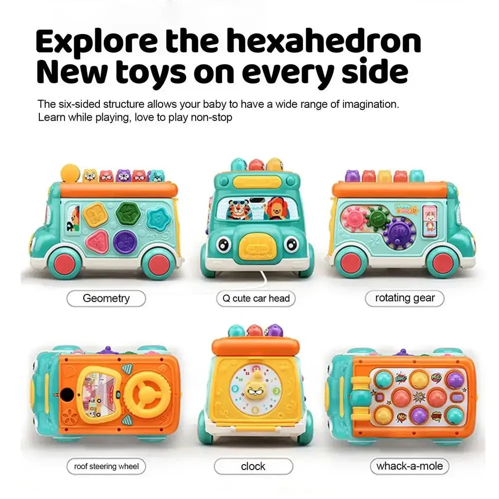 Hexahedron toy features on colorful musical bus