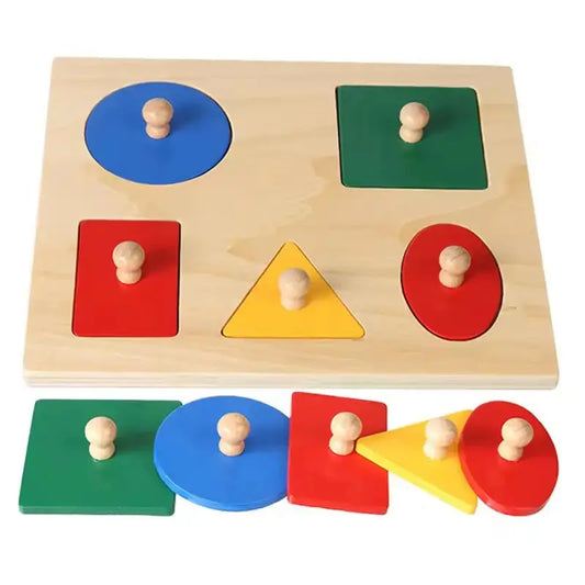 Wooden shape sorter puzzle with colorful geometric pieces