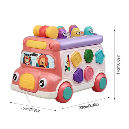 Pink shape sorter bus toy with dimensions