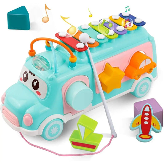 Children’s shape sorter bus with xylophone and blocks