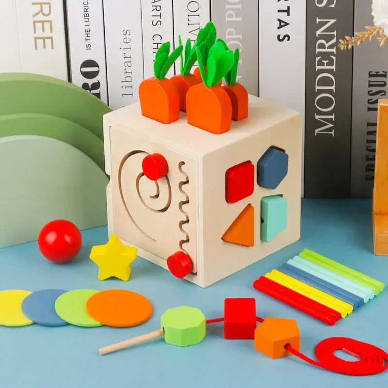 Montessori wooden shape sorter cube with colorful shapes.