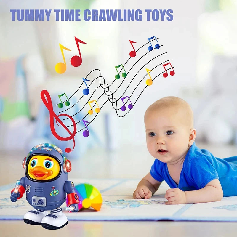 Baby with Robo-Duck toy and musical notes