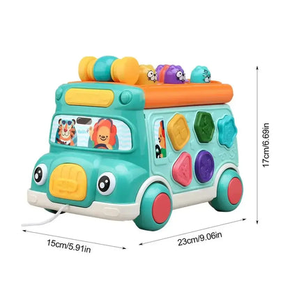 Green shape sorter bus toy with dimensions