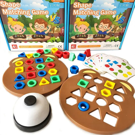 Shape matching game with colorful pieces and cards