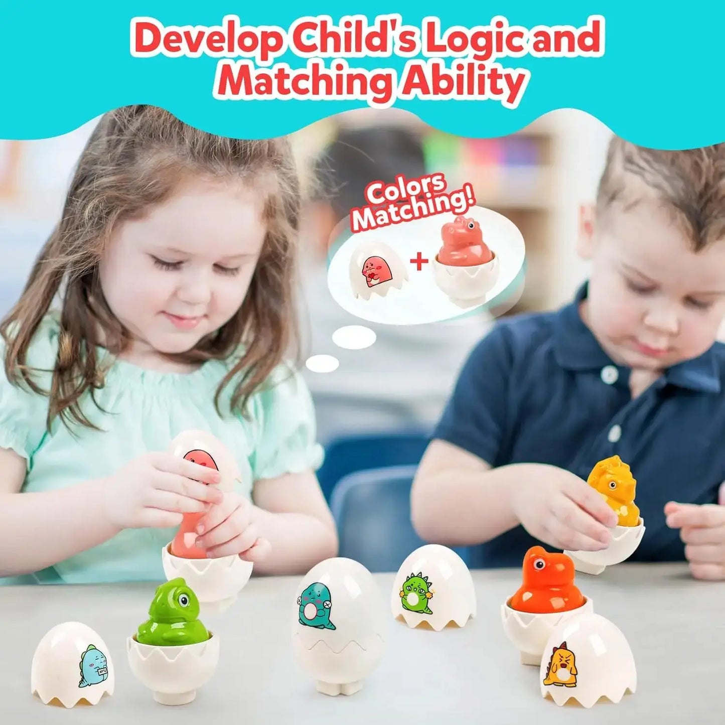 Children playing with dinosaur egg sorter toys