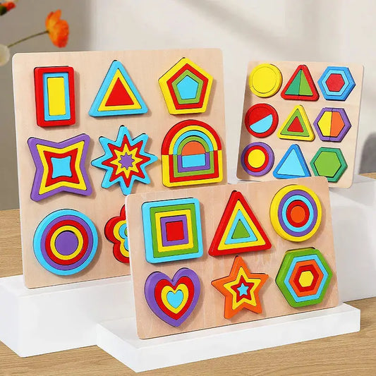 Colorful geometric shape sorter toy on wooden board