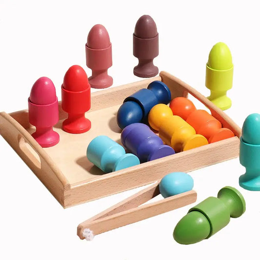 Wooden rainbow shape sorter eggs on a tray